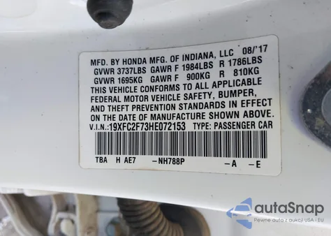 2017 Honda Civic Ex from USA, damaged, VIN 19XFC2F73HE072153